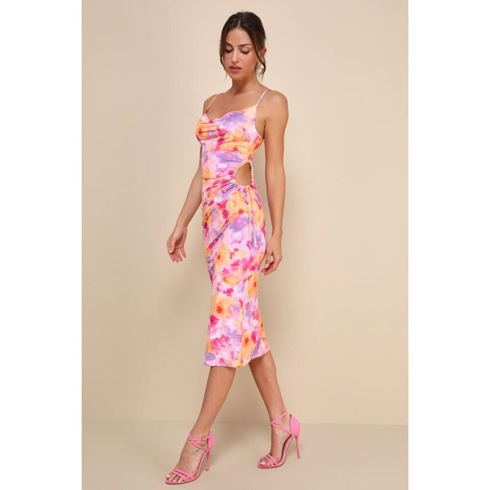 Lulus Vibrant Babe Pink Multi Floral Cutout Drawstring Midi Dress - Size L